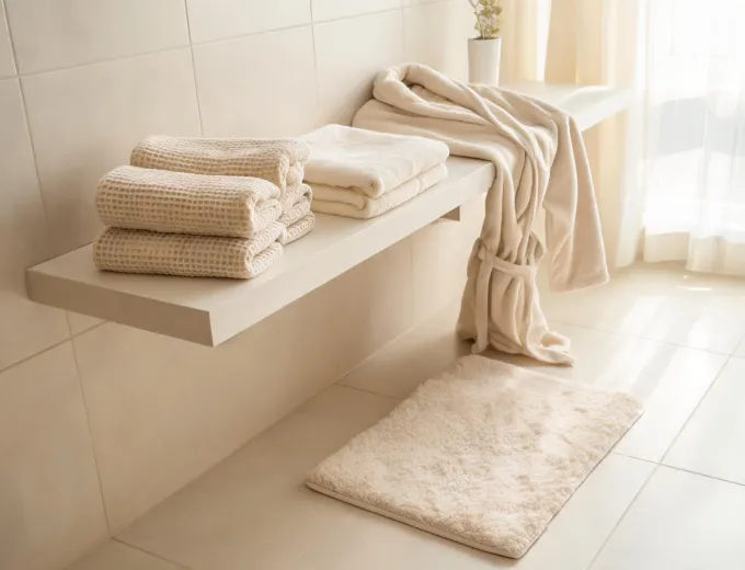 Bathroom shelf with towels and bath mat