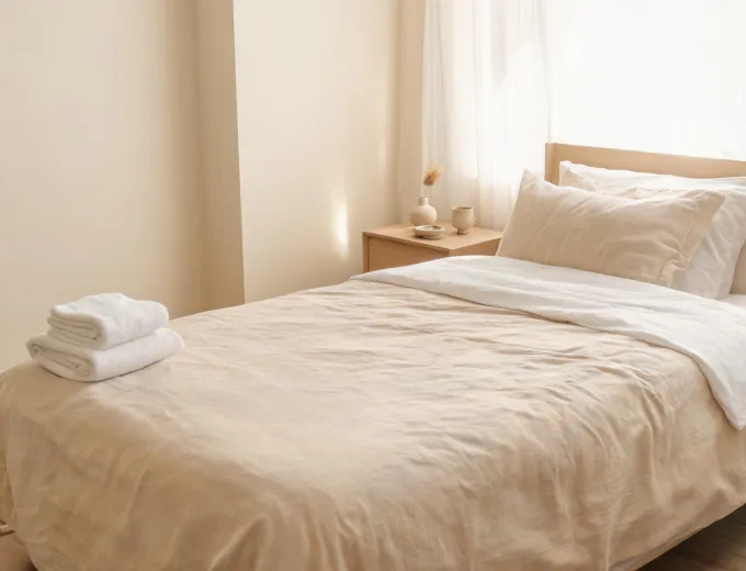 Guest bedroom with neutral linen bedding