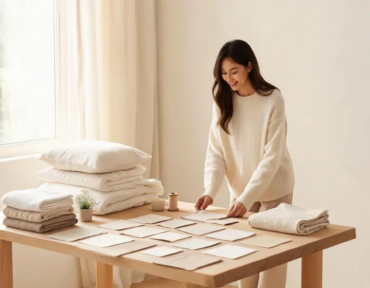 Stylist arranging bedding and towels